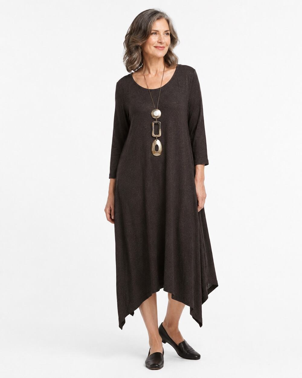 Eileen Fisher Brown Jersey Midi Dress Asymmetrical Scarf Hem Size M